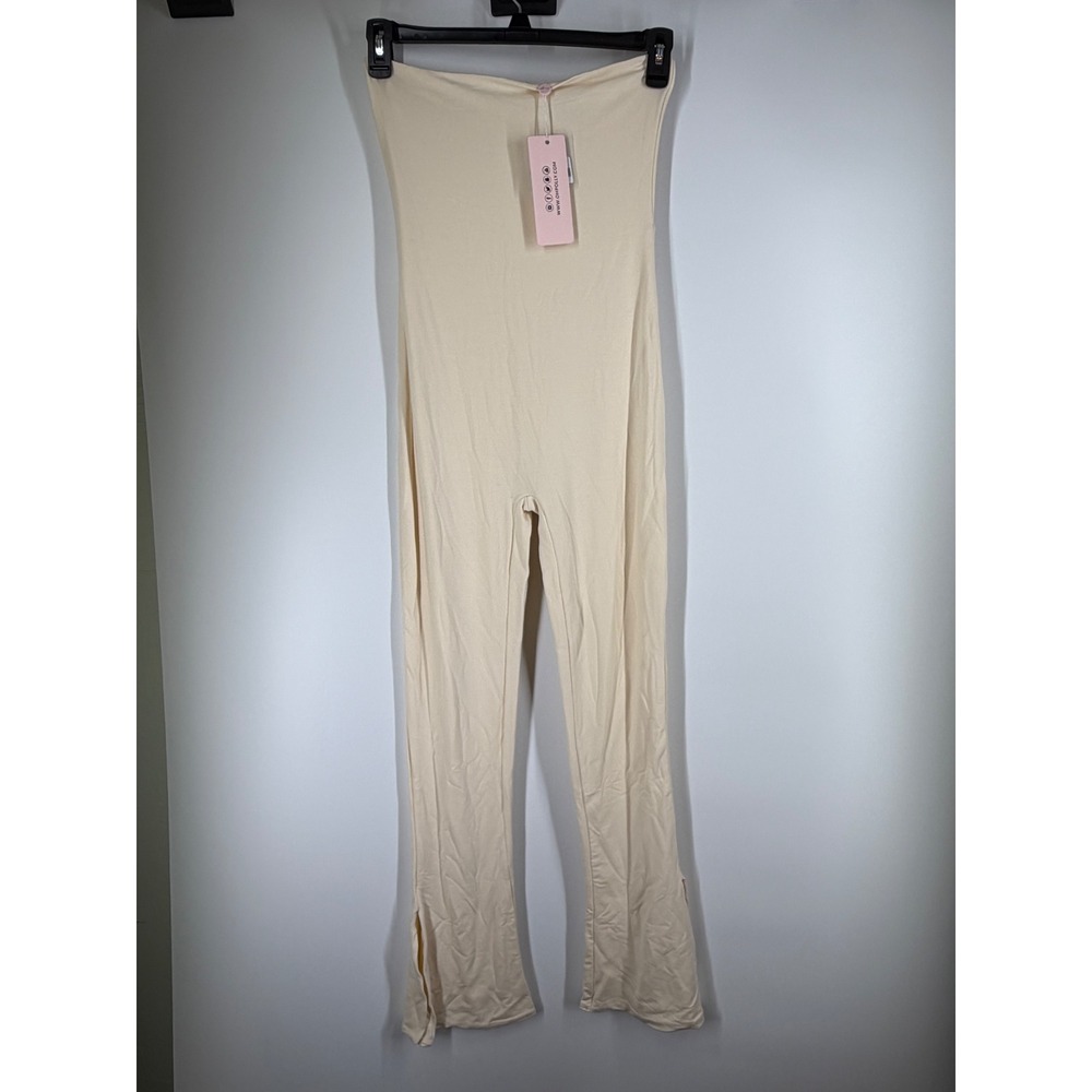 Oh Polly Cream Strapless Flare Leg Jumpsuit Side Slit US 8 NWT